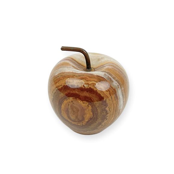 Paperweight Marble Agate Apple Home Decor Brown Cream Color Bands Metal Stem - Picture 5 of 10